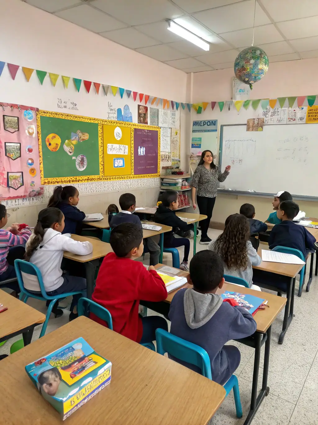 Children participating in a SAUVEGARDE educational program, engaging in interactive learning activities in a colorful and stimulating classroom environment.