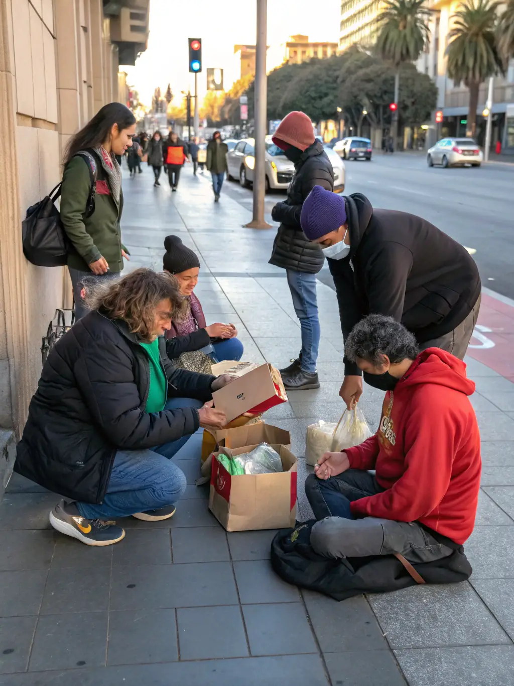 SAUVEGARDE providing hot meals and support to homeless individuals, emphasizing compassion and addressing immediate needs.
