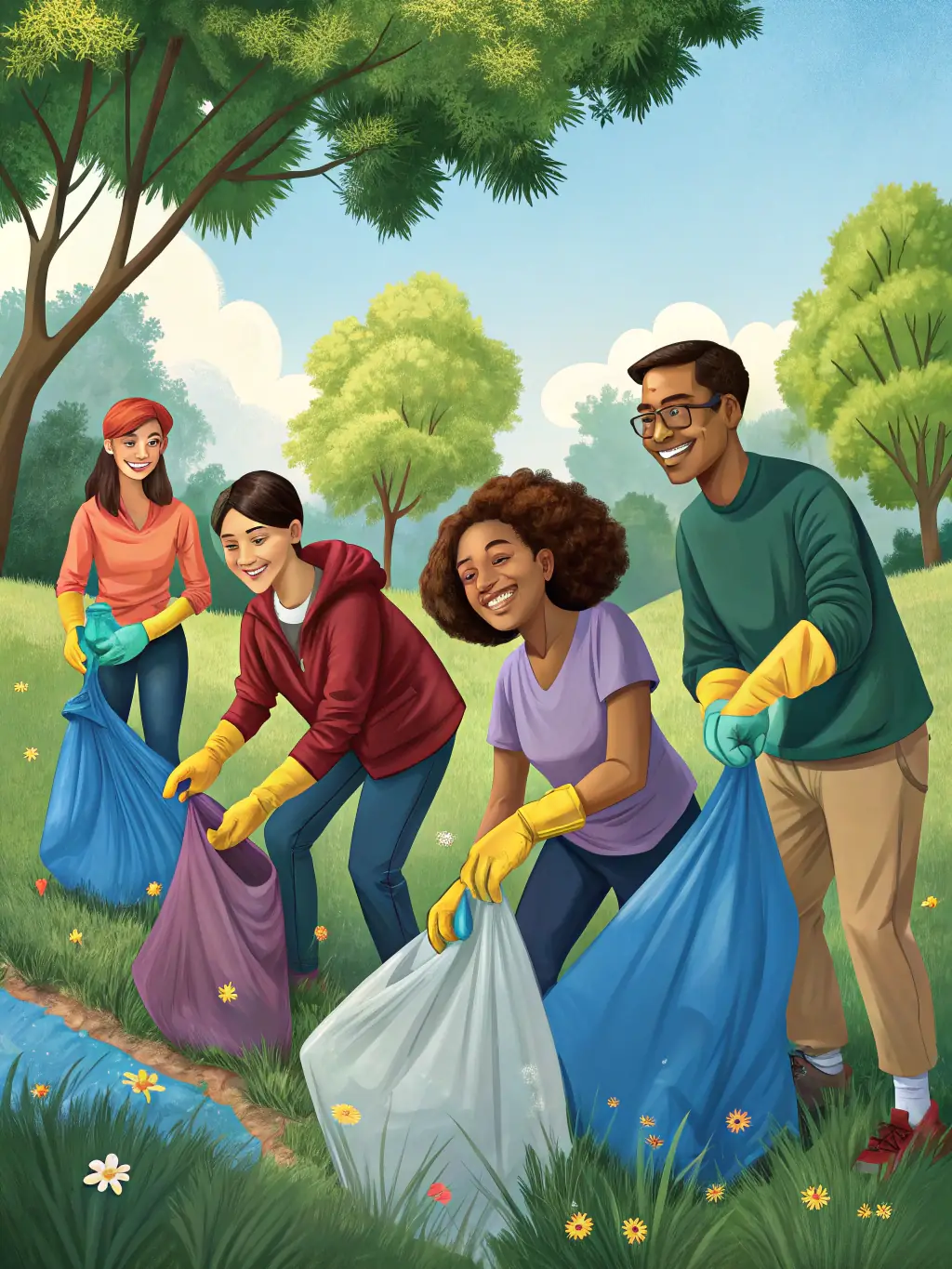 A group of diverse individuals participating in a SAUVEGARDE-led community cleanup event, showcasing teamwork and environmental responsibility.