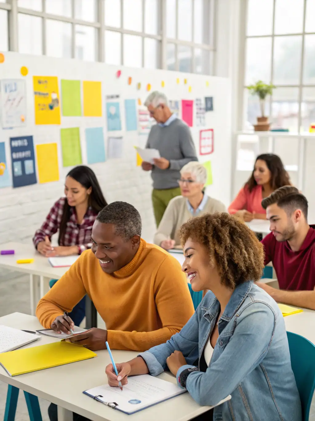 A group of diverse individuals participating in a SAUVEGARDE workshop, focused on skill development and empowerment, set in a brightly lit community center.
