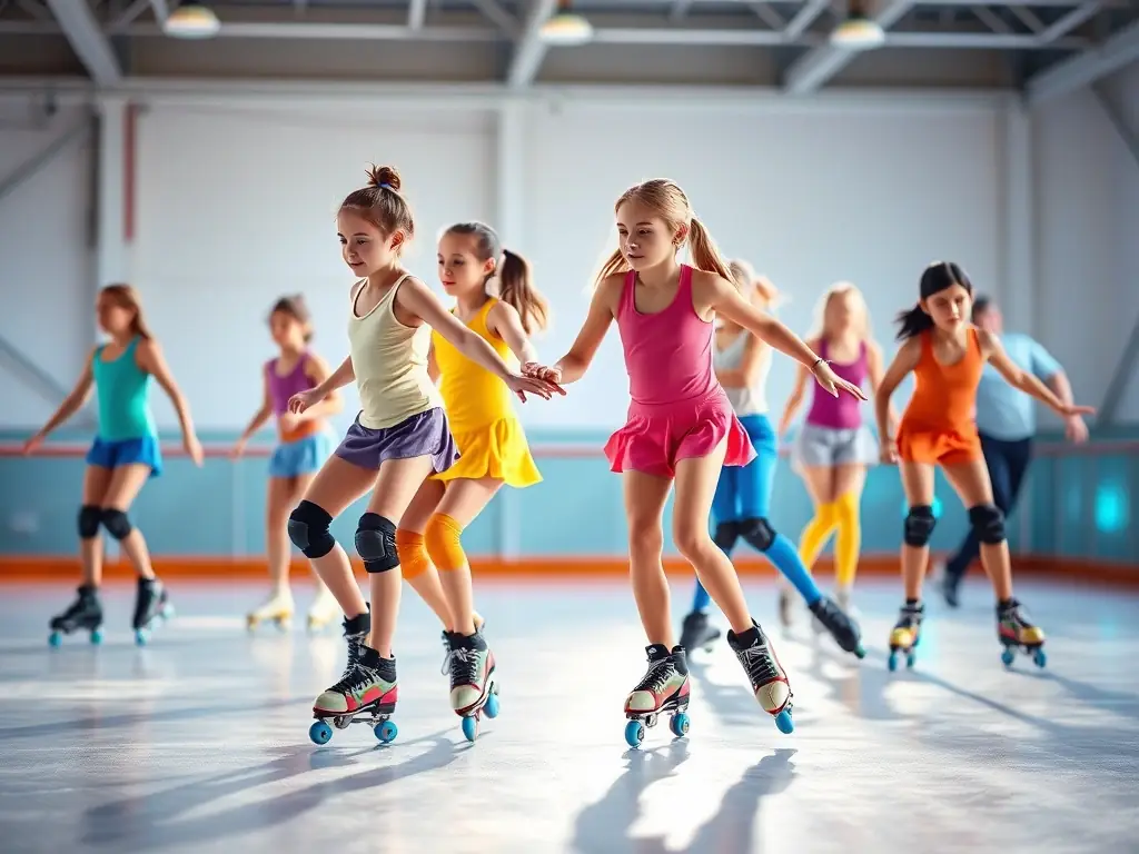 A group of young skaters practicing synchronized movements during an artistic roller skating class at Union Sportive de Mazères Lezons, showcasing teamwork and skill development.
