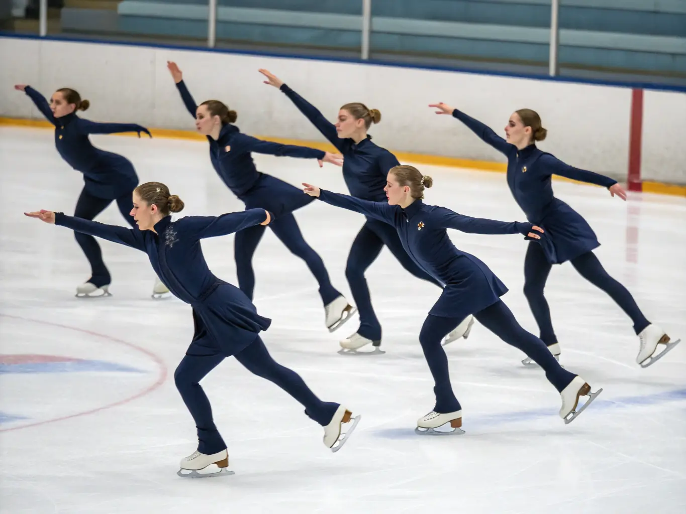 A group of young artistic roller skaters practicing synchronized movements during a training session at Union Sportive de Mazères Lezons, showcasing teamwork and skill development.