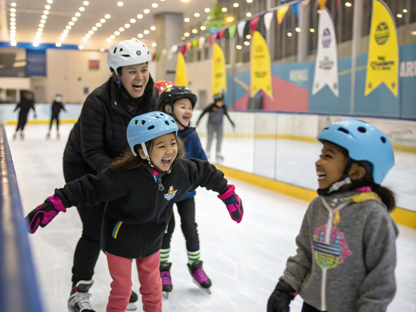 A vibrant image of young skaters practicing artistic roller skating, showcasing their skills and teamwork during a training session at Union Sportive de Mazères Lezons.