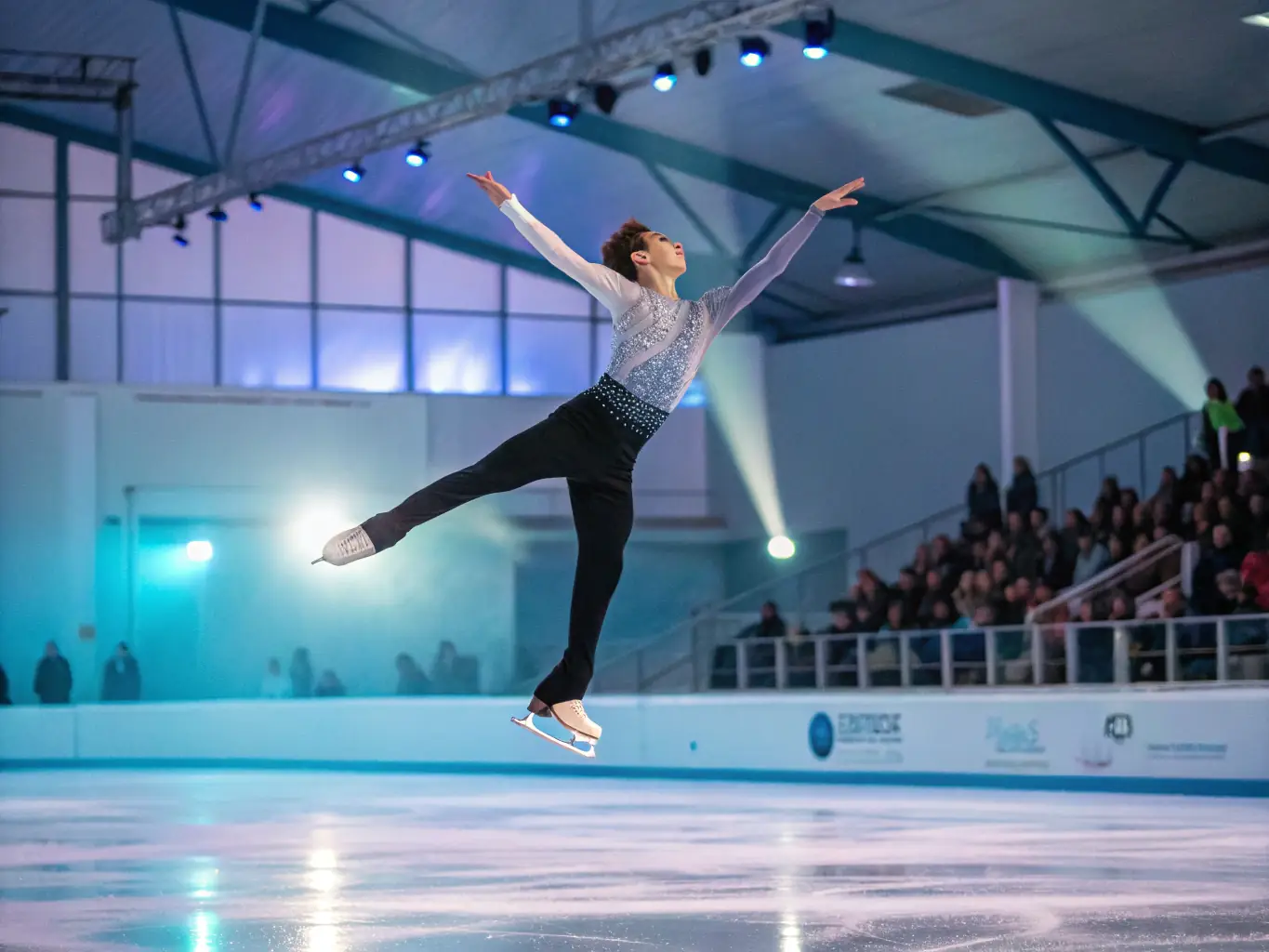 An artistic roller skater performing a solo routine during a competition organized by Union Sportive de Mazères Lezons, highlighting individual skill and artistry.