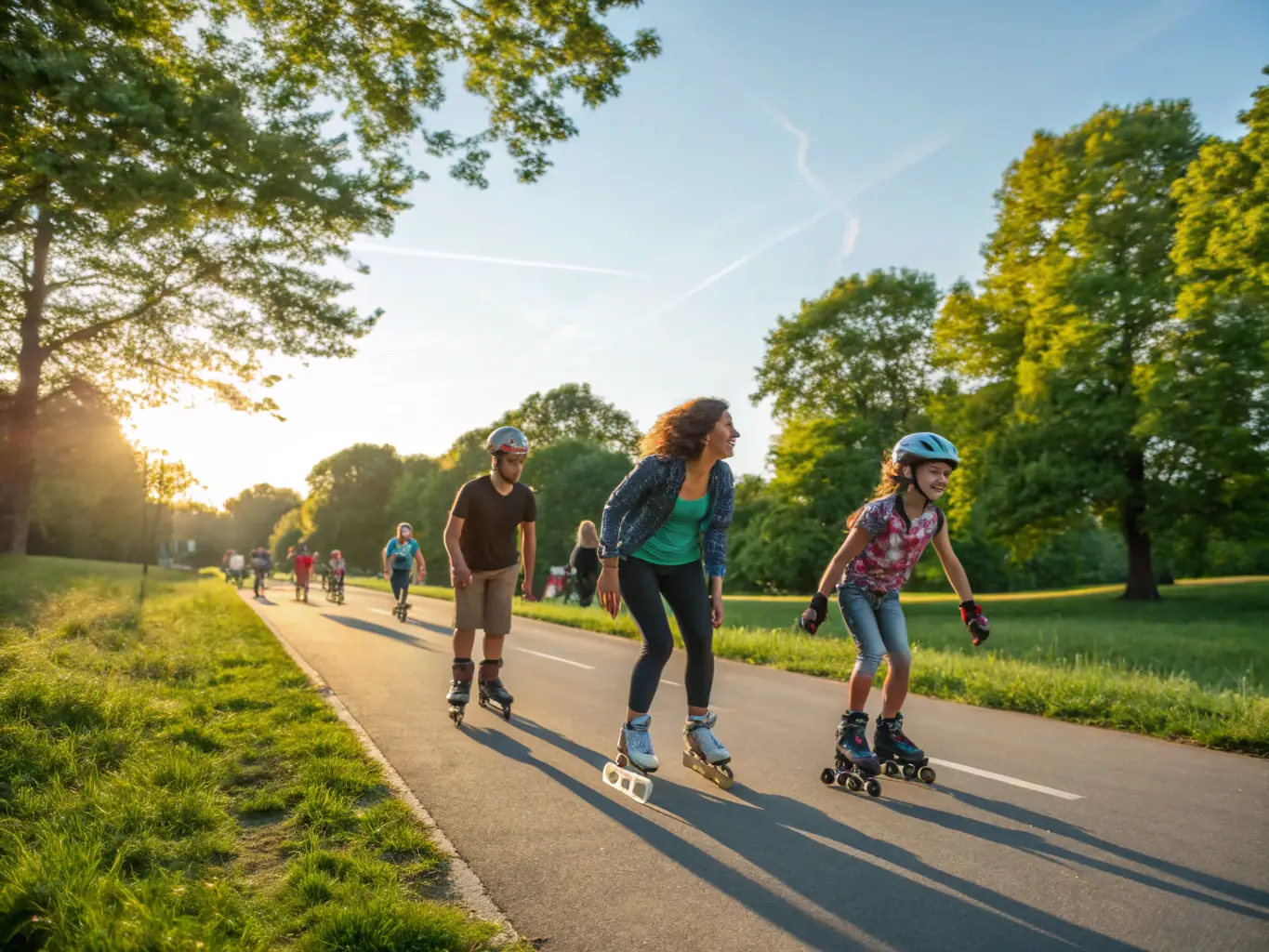 Skaters of various ages and skill levels participating in a recreational skating session at Union Sportive de Mazères Lezons, emphasizing the inclusive and community-oriented nature of the club.