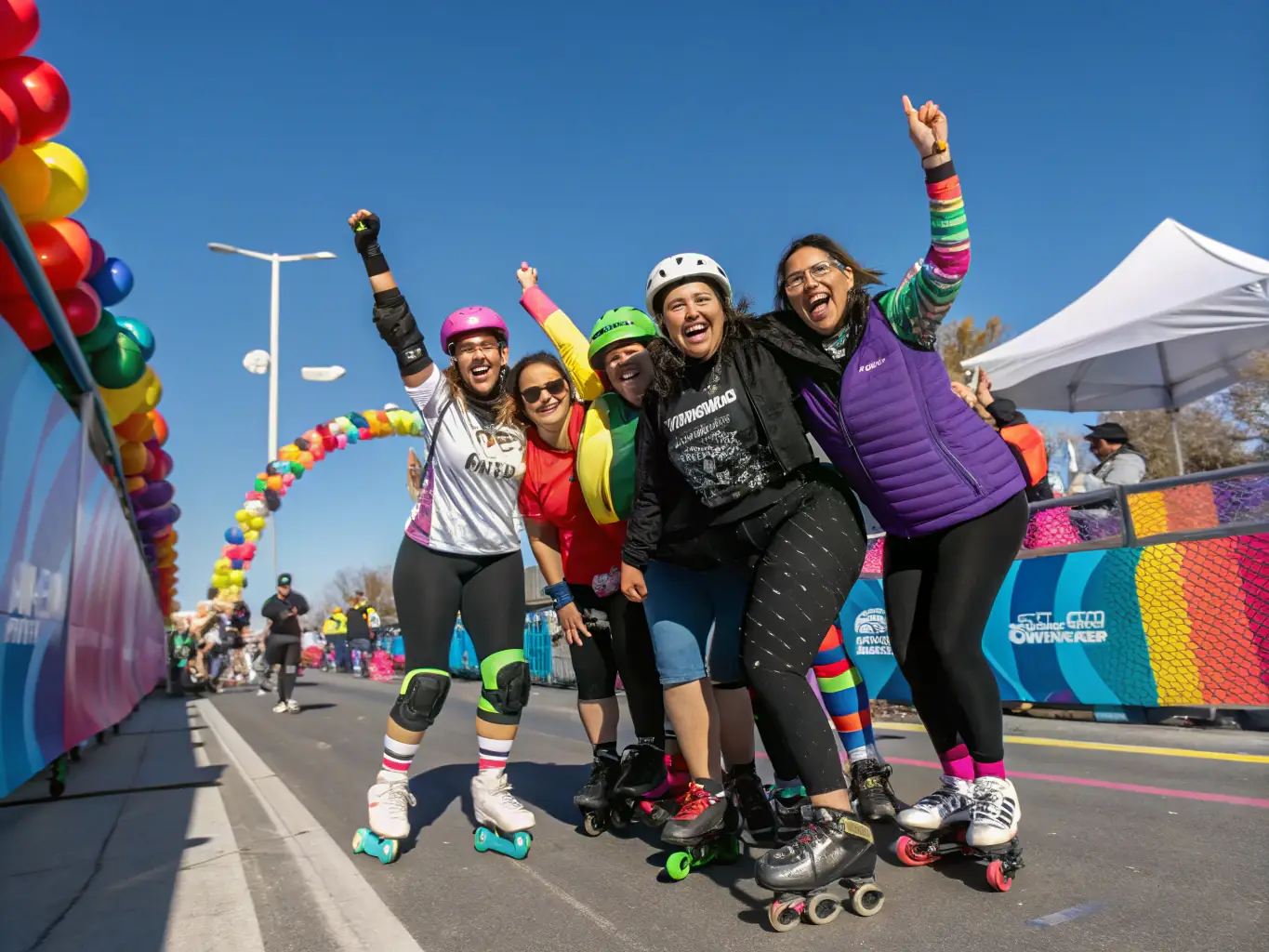 A group of skaters of various ages laughing and interacting during a social event organized by Union Sportive de Mazères Lezons, emphasizing the community aspect.