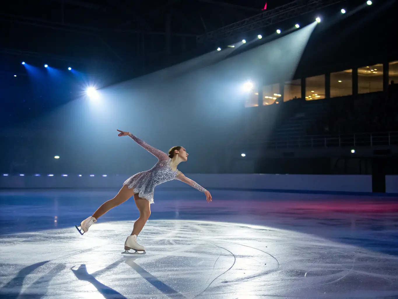 A young skater gracefully performing a spin on the rink, bathed in the warm glow of the arena lights, showcasing the elegance and control developed through USML's training programs.