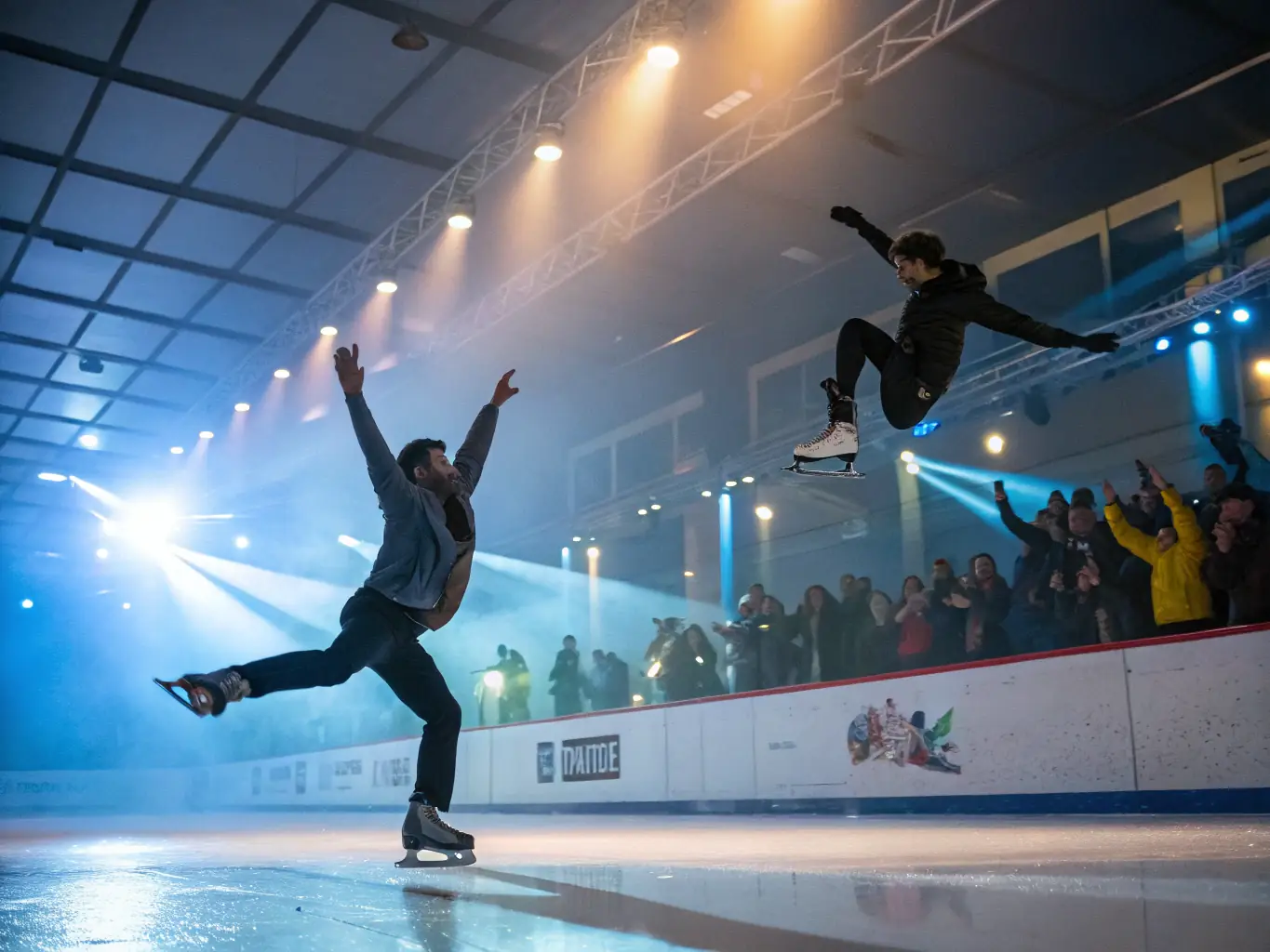 A dynamic shot of skaters performing a synchronized routine during a local roller skating competition, highlighting the excitement and skill involved.