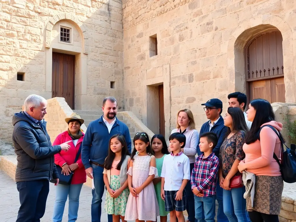 A group of people participating in a guided tour of a historical site in Sous-Parsat, with a knowledgeable guide explaining the significance of the architecture and history.