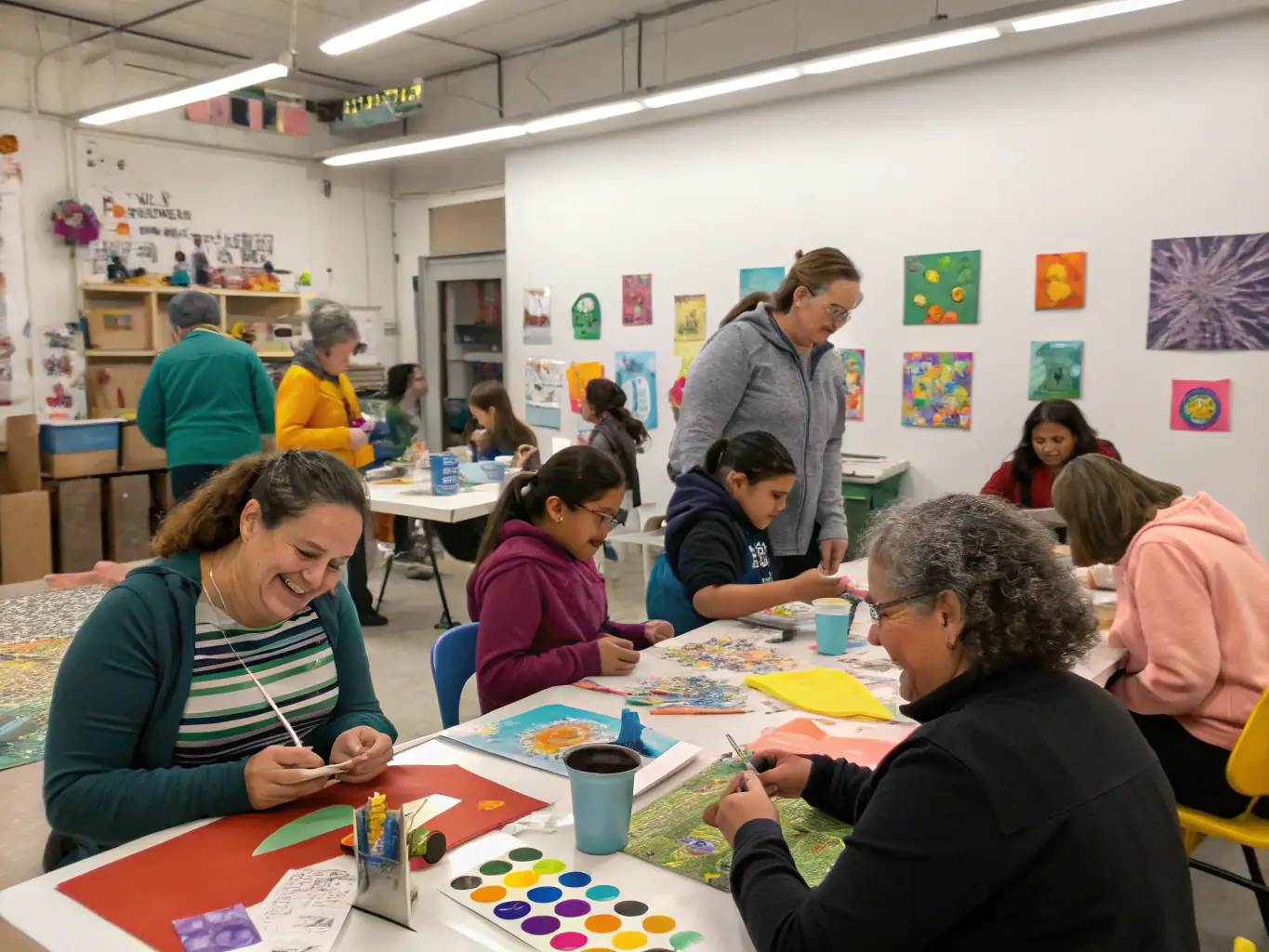 A captivating image of a community art workshop in Sous-Parsat, where participants are creating artwork inspired by local heritage. The scene is filled with creativity, collaboration, and artistic expression.