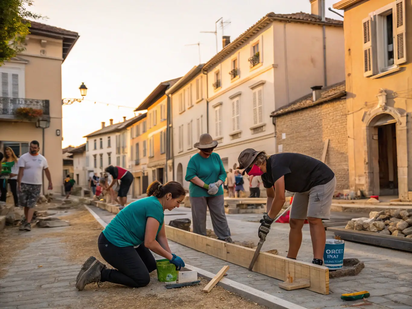 A picturesque image of volunteers working on the restoration of a historical building in Sous-Parsat, showcasing the dedication and effort involved in preserving local heritage. The focus is on teamwork and community involvement.