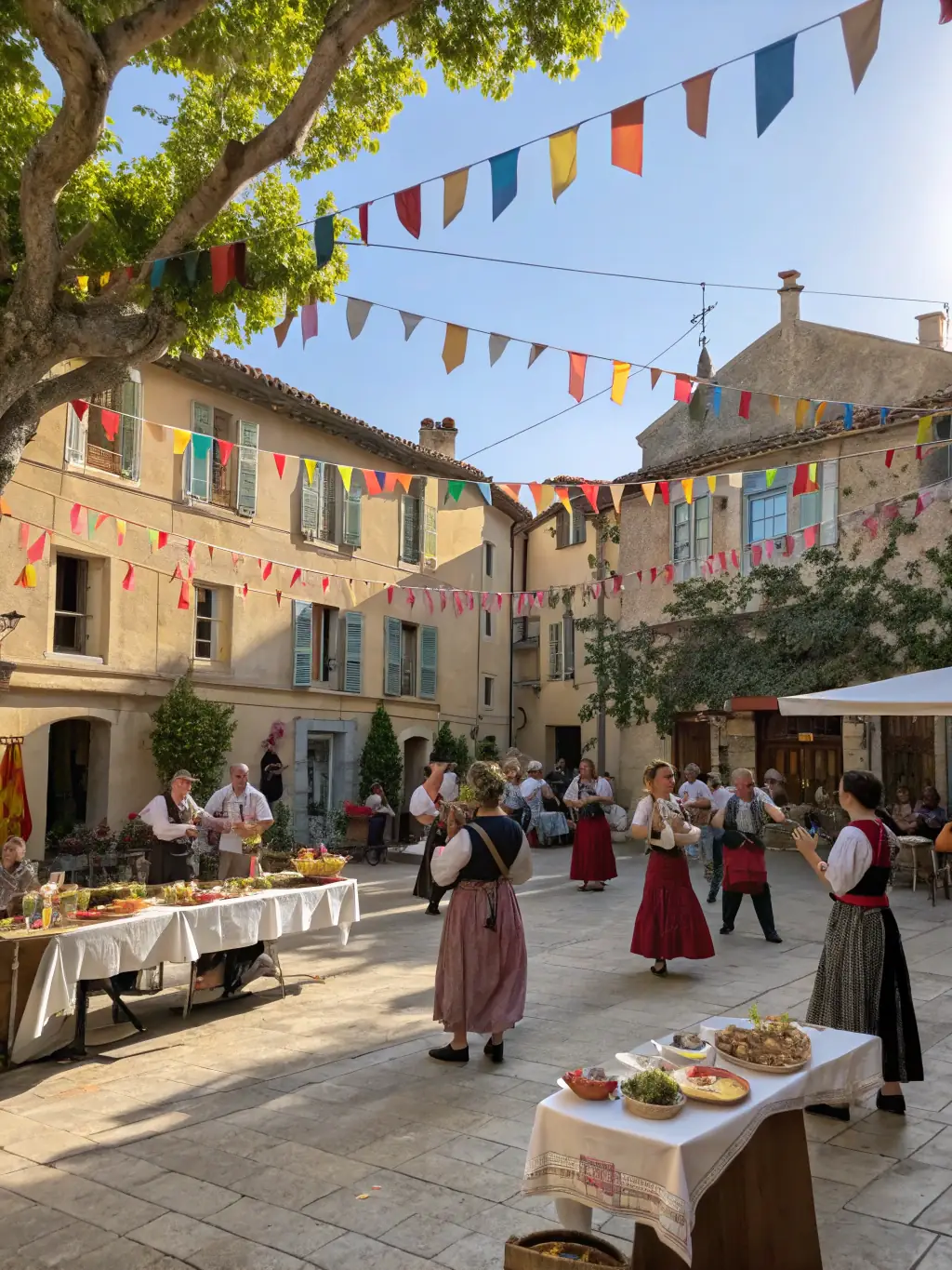 A photo capturing a community event with traditional music and dance in the village square, promoting cultural activities.