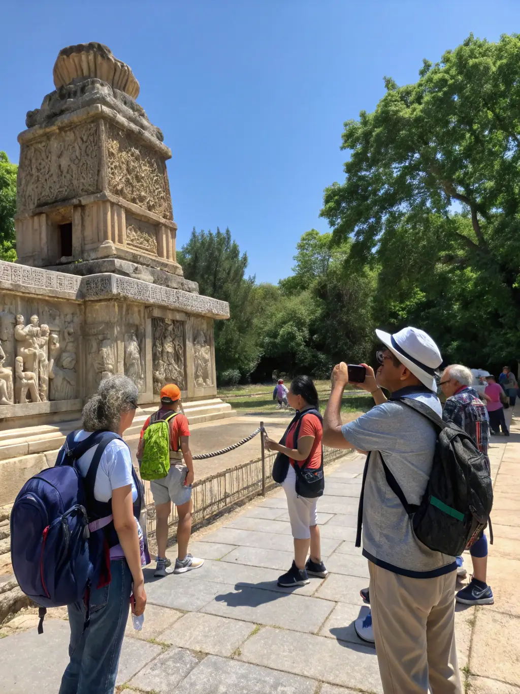 A vibrant image of a guided tour group exploring a historical site in Sous-Parsat, with a knowledgeable guide pointing out key features.