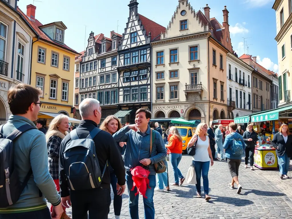 A vibrant image showcasing participants enjoying a guided historical tour of Sous-Parsat, with the ancient architecture in the background, under a sunny sky. The focus is on community engagement and learning about local history.