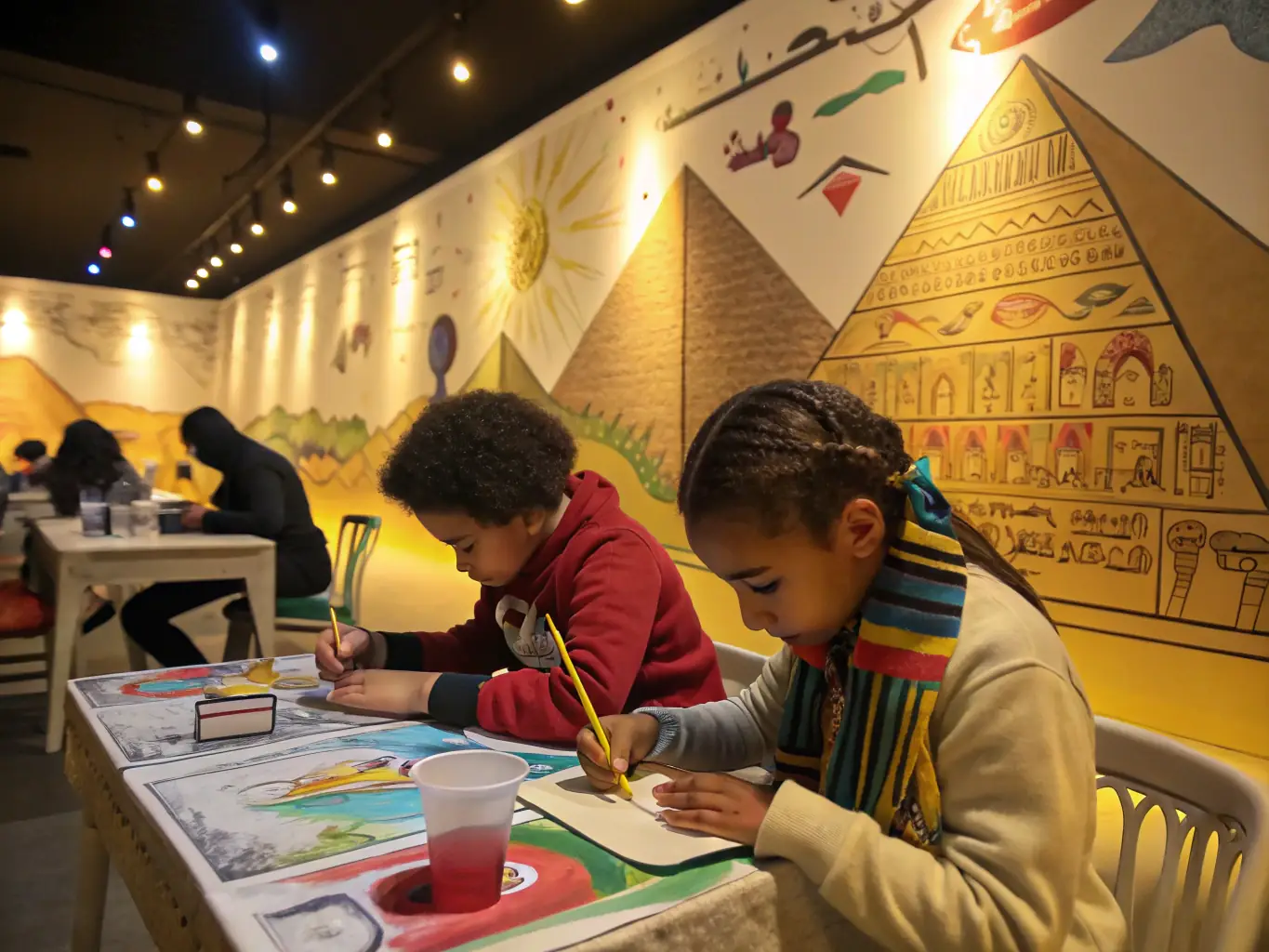 A photograph of children participating in an art workshop, creating artwork inspired by the local heritage and natural landscapes of Sous-Parsat.