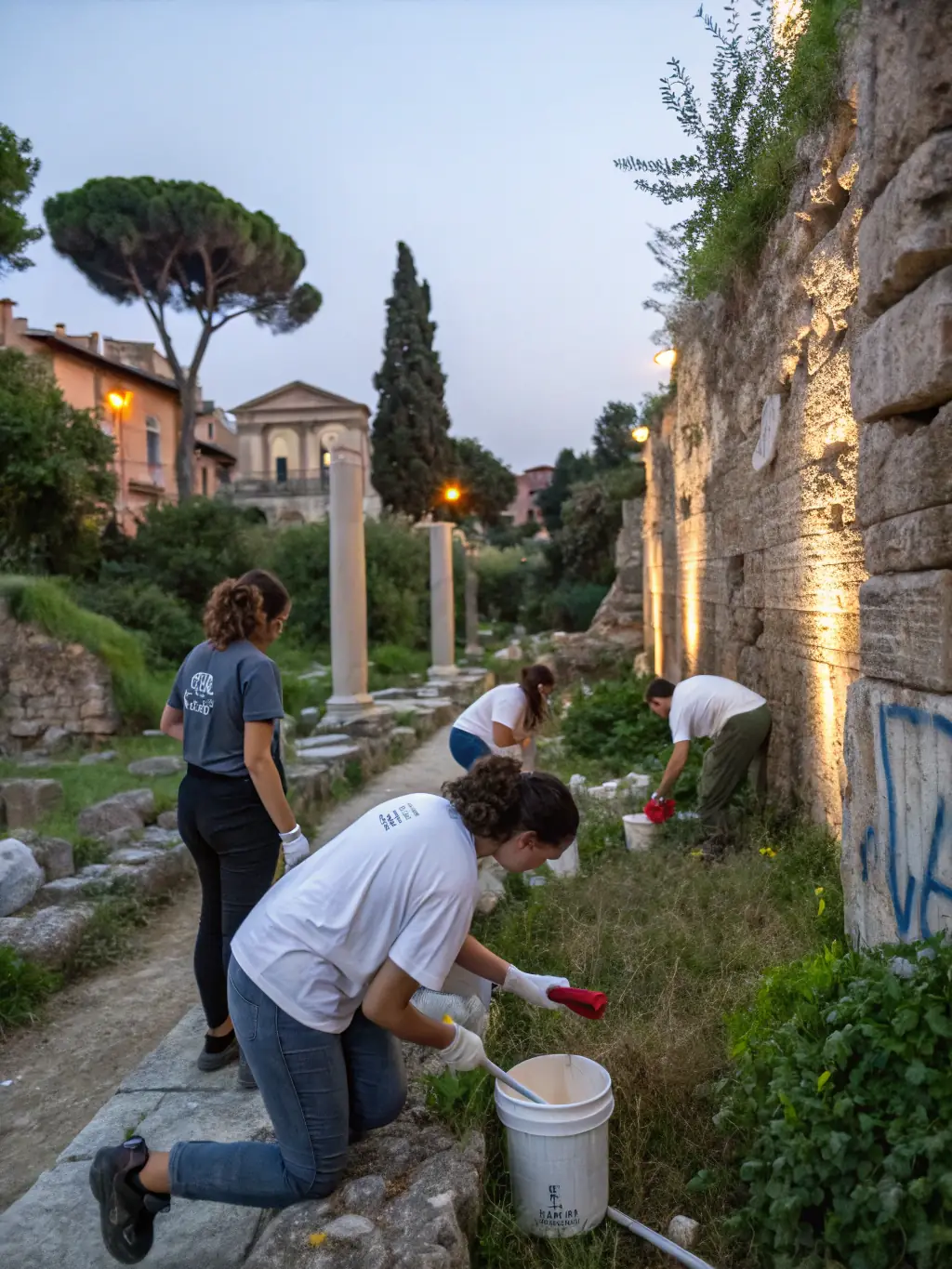 A photograph of volunteers restoring a stone wall at a historical site in Sous-Parsat, focusing on teamwork and preservation.