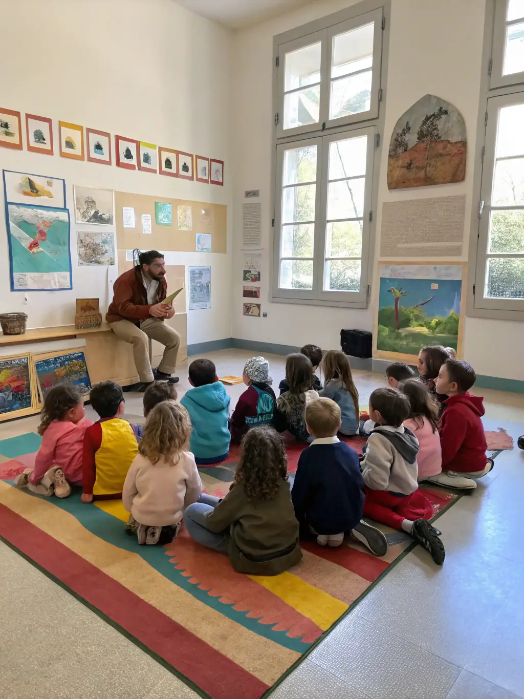 A group of children participating in an educational workshop about local history, with artifacts and interactive displays.