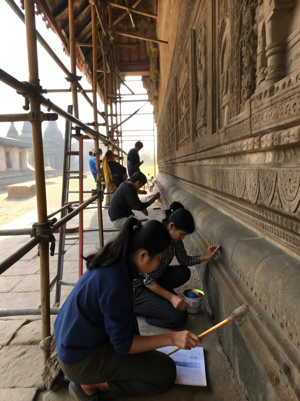 A photograph of volunteers cleaning and restoring an old stone wall in Sous-Parsat, showcasing the hands-on work involved in heritage preservation.